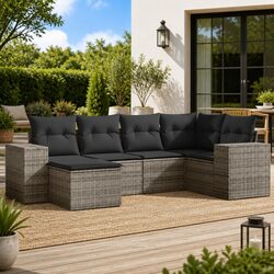 Garden Sofa Set 6 Piece Grey Poly Rattan Outdoor Furniture with Storage Cushions