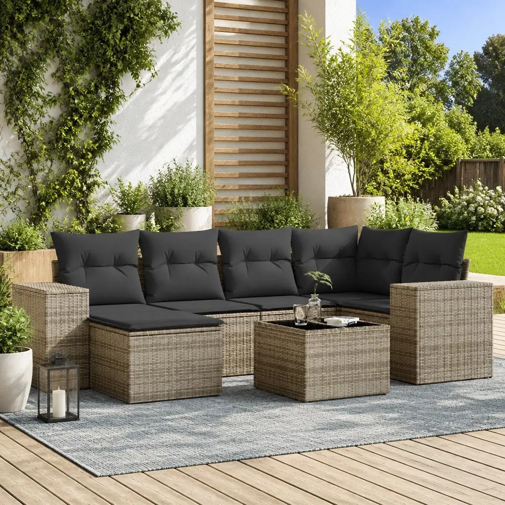 7 Piece Garden Sofa Set Outdoor Furniture Patio Seating Grey Poly Rattan