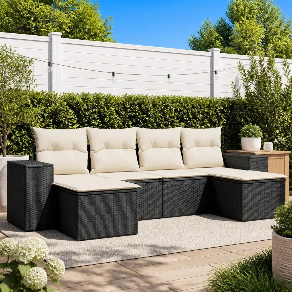 6 Piece Garden Sofa Set Black PE Rattan Outdoor Furniture with Cushions
