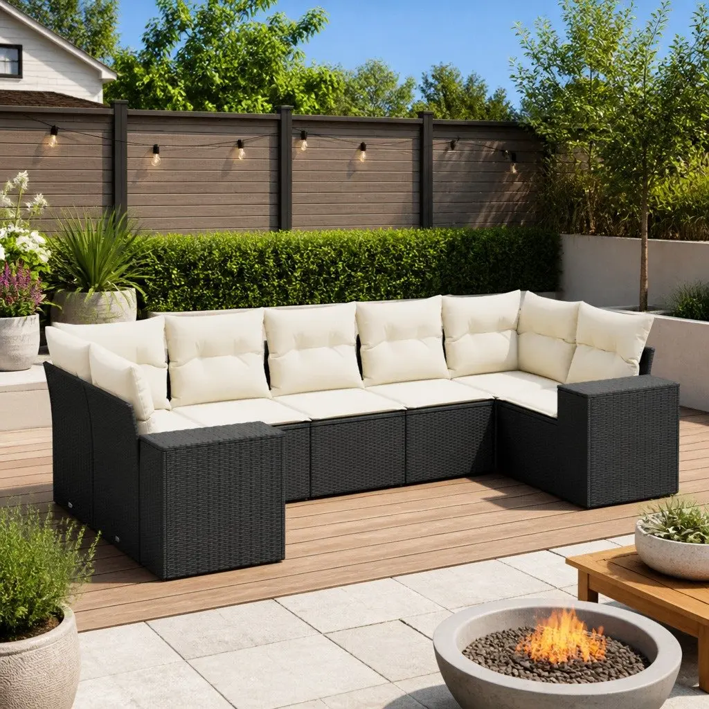 7 Piece Garden Sofa Set Black PE Rattan Outdoor Patio Furniture with Cushions