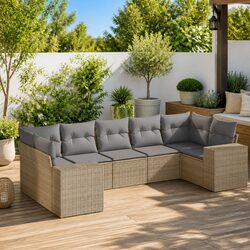 7 Piece Outdoor Garden Sofa Set Beige Poly Rattan Patio Furniture with Cushions