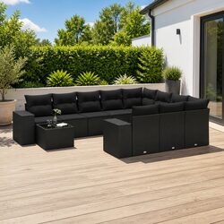 Garden Sofa Set 11 Piece Outdoor Furniture Black Poly Rattan Patio Lounge with