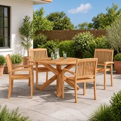 Outdoor Dining Set 5 Pieces Round Table Garden Patio Furniture Brown Wood
