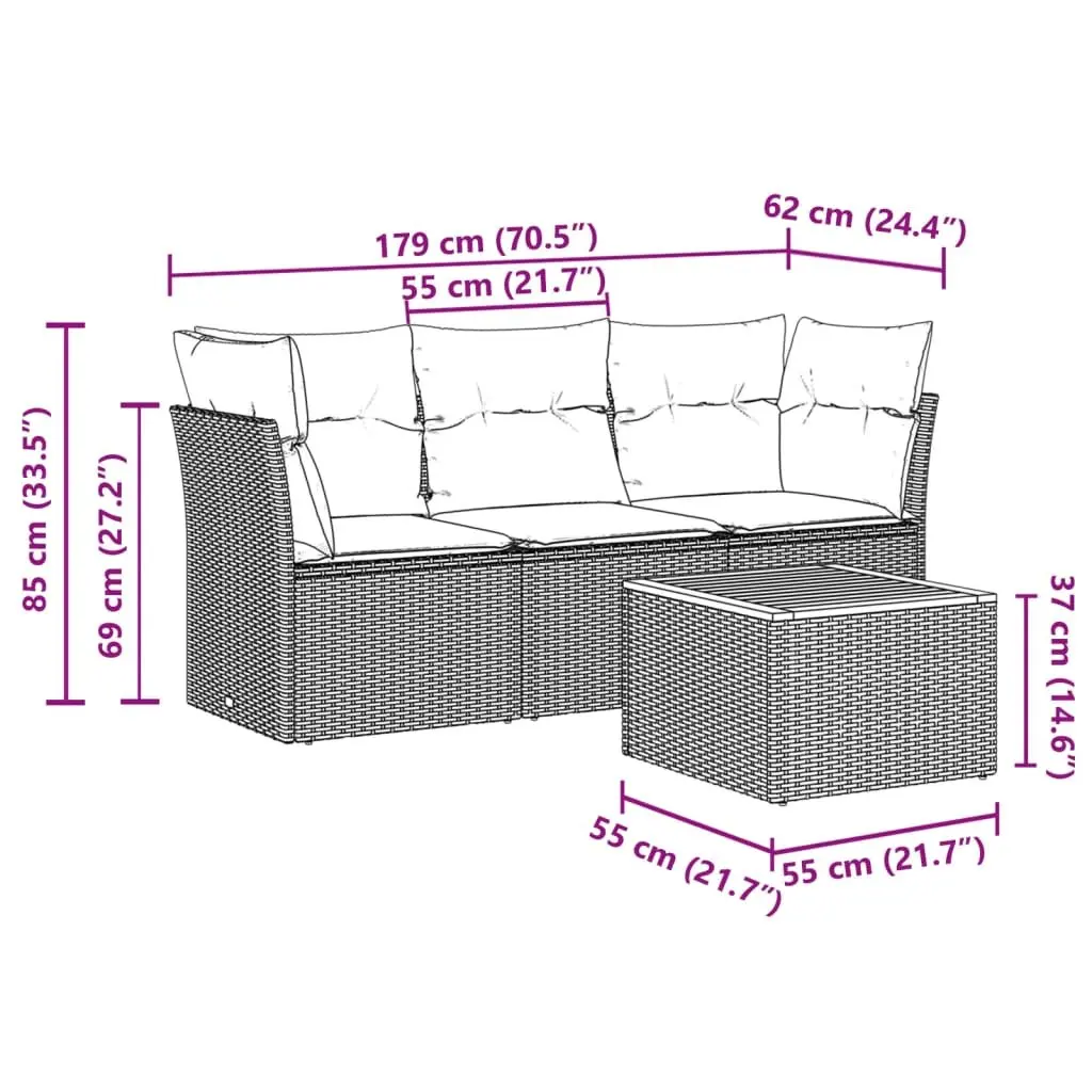 4 Piece Garden Sofa Set with Cushions Grey Poly Rattan Outdoor Patio Furniture