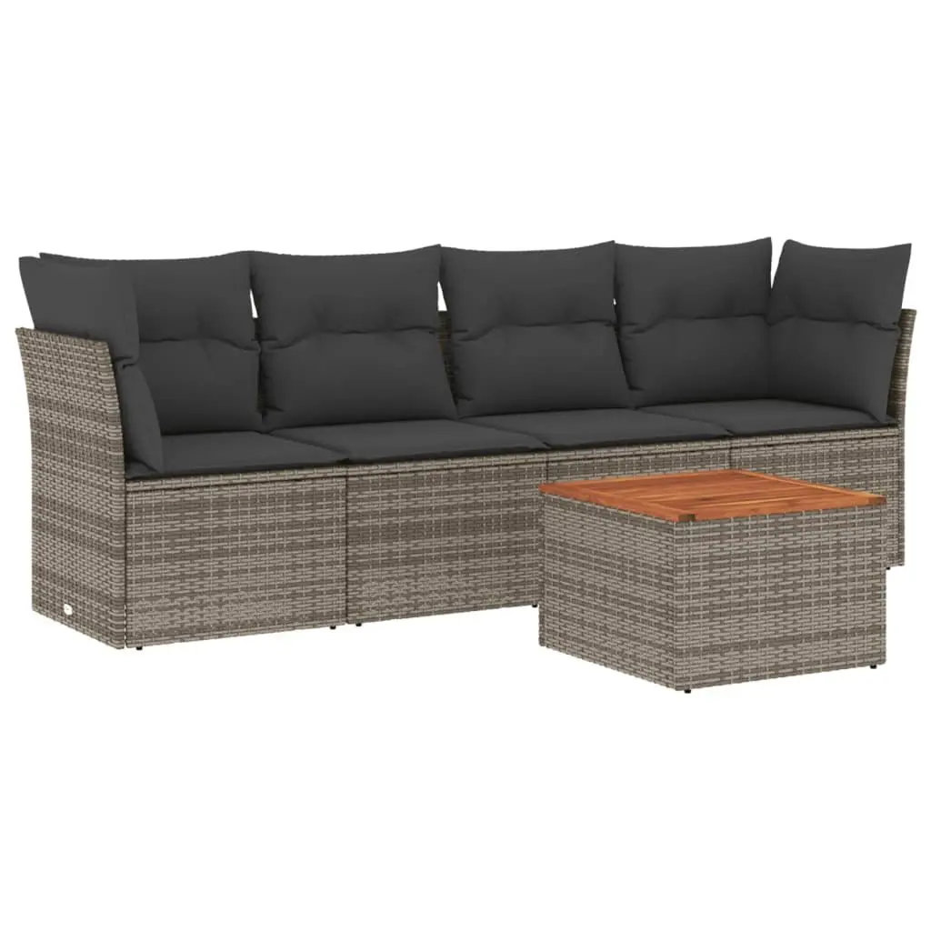 5 Piece Garden Sofa Set with Cushions Grey Outdoor Furniture Poly Rattan Patio