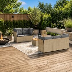 6 Piece Garden Sofa Set Outdoor Patio Furniture Beige Poly Rattan with Cushions