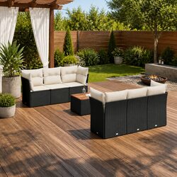 Outdoor Garden Sofa Set 7 Piece Black Poly Rattan Patio Furniture with Cushions