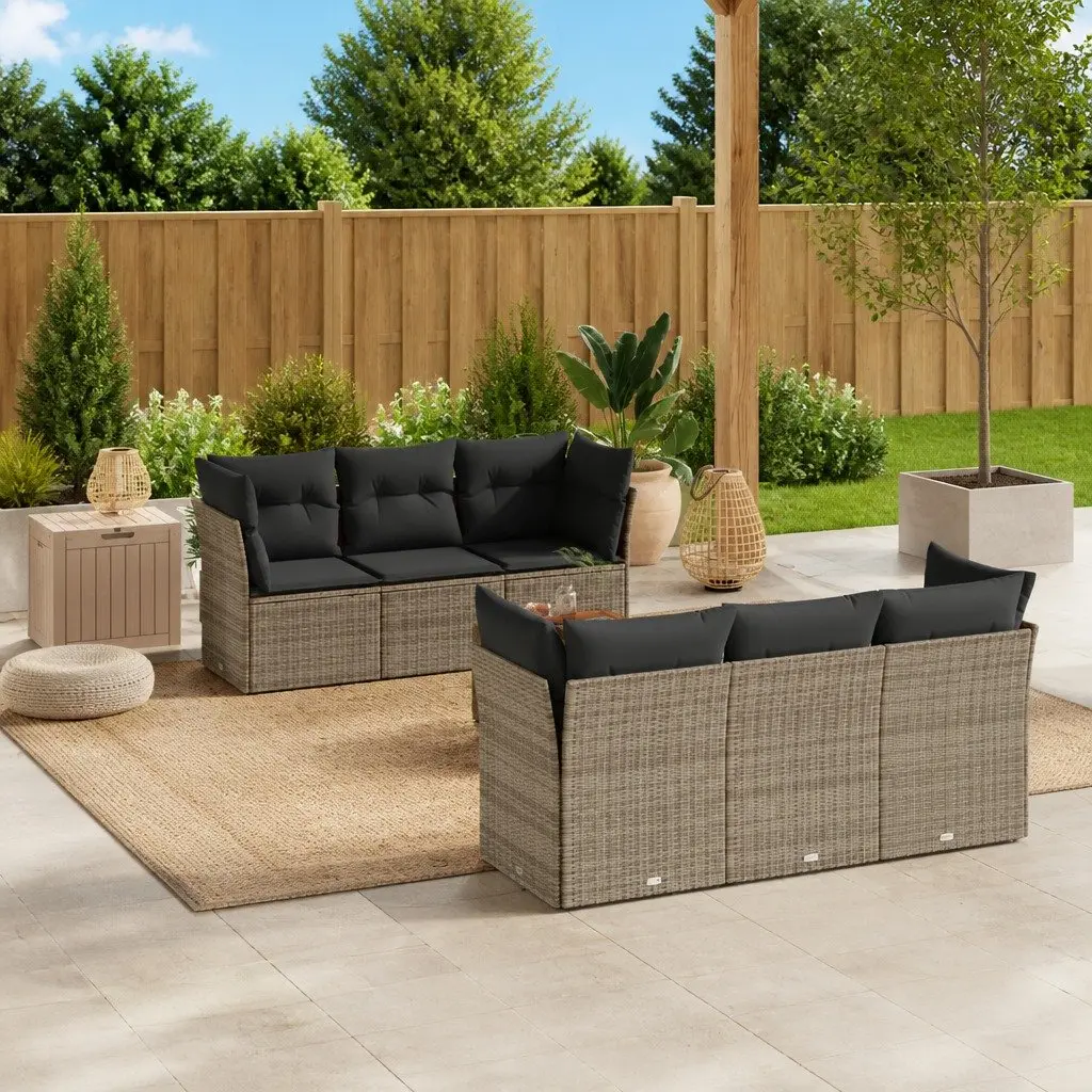 7 Piece Garden Sofa Set with Storage Cushions Grey Poly Rattan Outdoor Patio