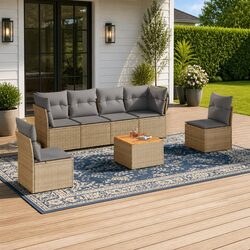 Garden Sofa Set 7 Piece Outdoor Patio Furniture Beige Poly Rattan with Cushions