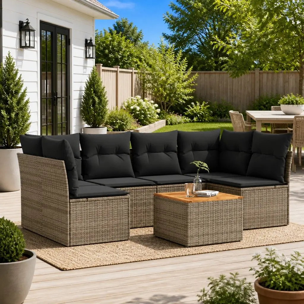 7 Piece Outdoor Garden Sofa Set Grey PE Rattan with Cushions and Acacia Wood Table