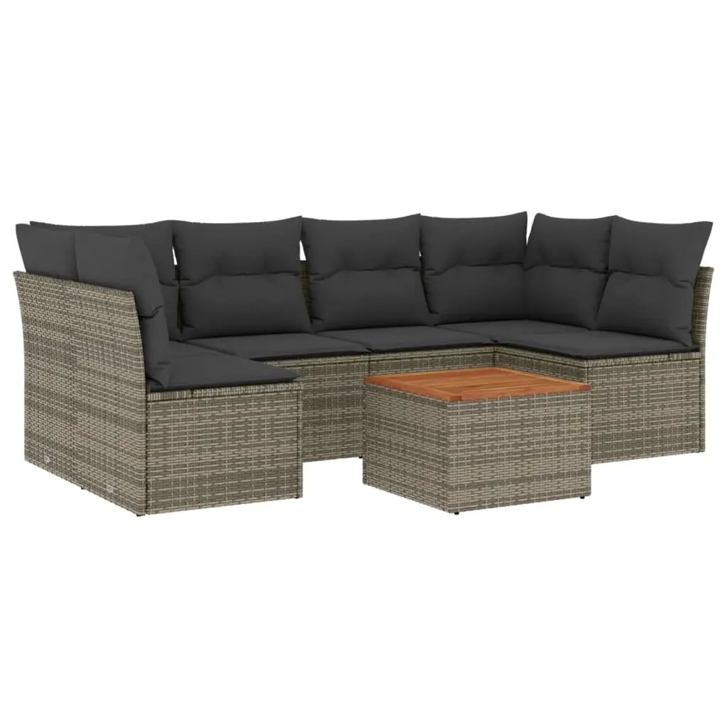 7 Piece Outdoor Garden Sofa Set Grey PE Rattan with Cushions and Acacia Wood Table