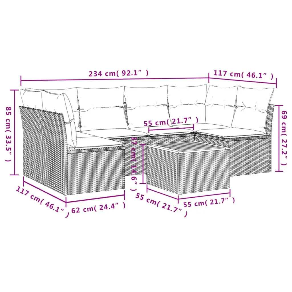 7 Piece Outdoor Garden Sofa Set Grey PE Rattan with Cushions and Acacia Wood Table