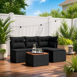 5 Piece Outdoor Garden Sofa Set with Storage Footstool Black Poly Rattan Patio