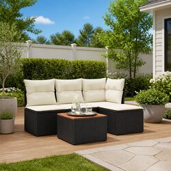 5 Piece Garden Sofa Set with Storage Cushions Black Poly Rattan Outdoor