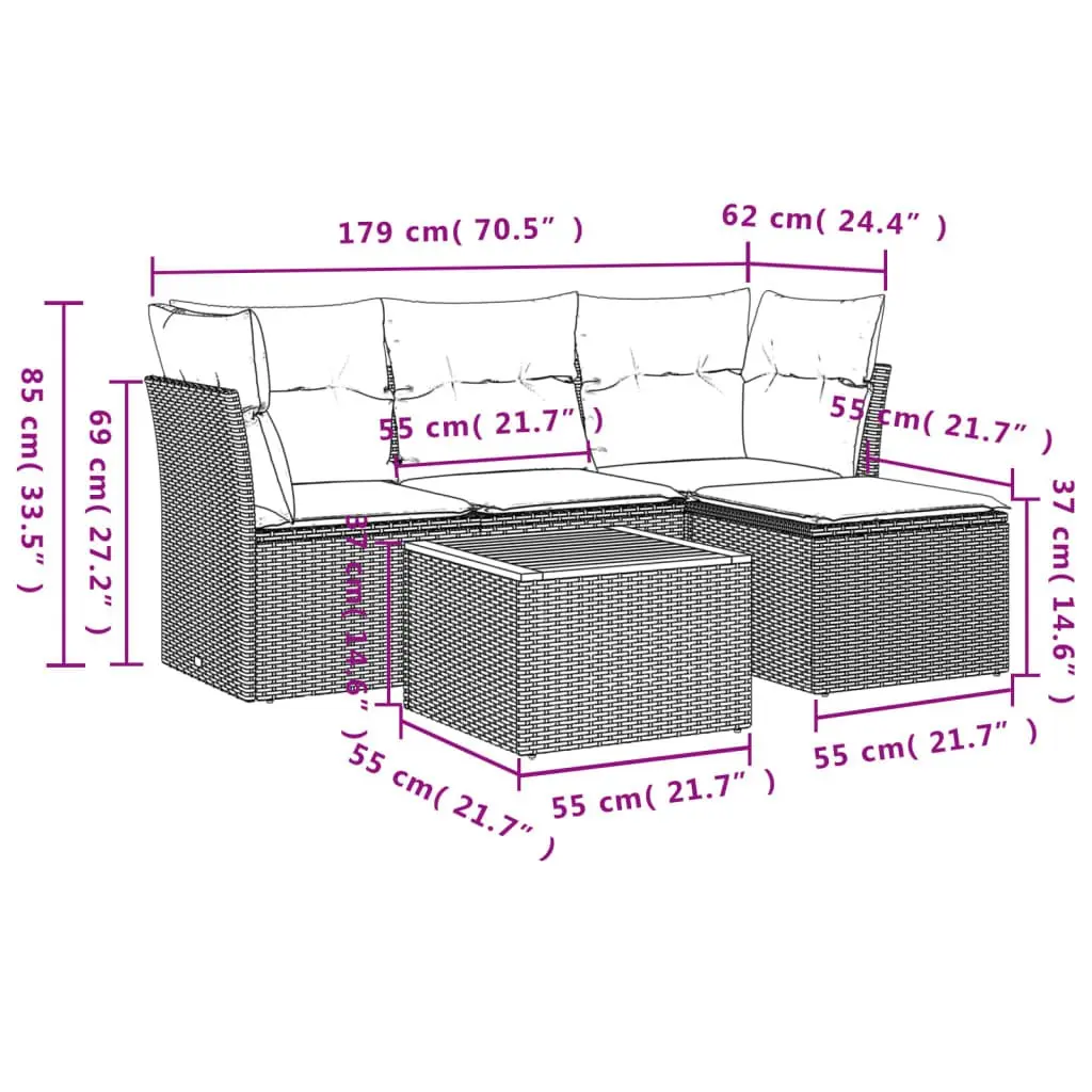 5 Piece Garden Sofa Set with Storage Cushions Grey Poly Rattan Outdoor Patio