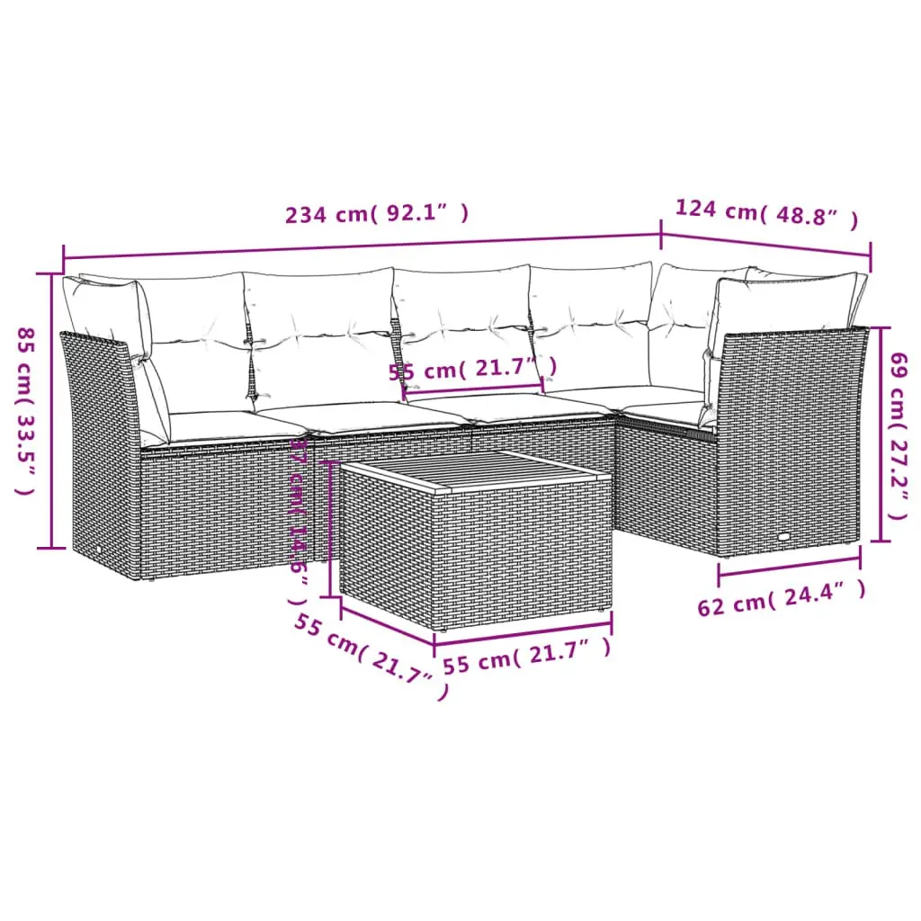 6 Piece Outdoor Garden Sofa Set with Storage Cushions Grey Poly Rattan Patio