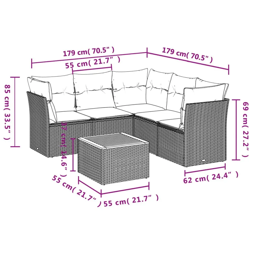 Garden Sofa Set 6 Piece Modular Outdoor Furniture Beige PE Rattan with Acacia Wood Table