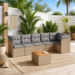 Garden Sofa Set 7 Piece Outdoor Furniture Beige Poly Rattan Patio Lounge Seating