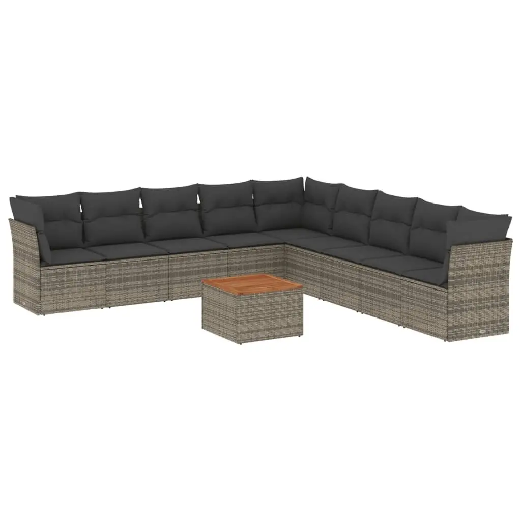 Garden Sofa Set Modular Outdoor Furniture 10 Piece Grey PE Poly Rattan with Acacia Wood Table Top