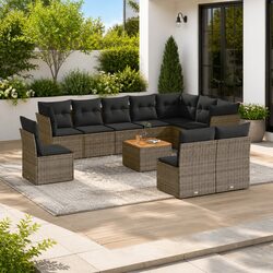 Garden Sofa Set 11 Piece Grey Poly Rattan Outdoor Furniture with Cushions