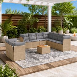 Garden Sofa Set 11 Piece Outdoor Furniture Beige Poly Rattan Patio Lounge Suite
