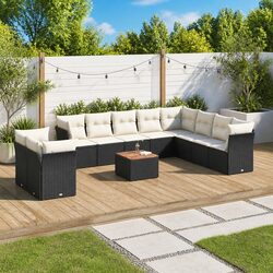 11 Piece Outdoor Garden Sofa Set Black Poly Rattan Patio Furniture with Cushions