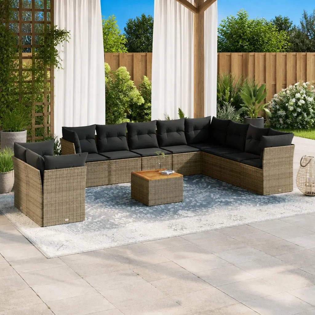 11 Piece Outdoor Garden Sofa Set Grey Poly Rattan Patio Furniture with Cushions