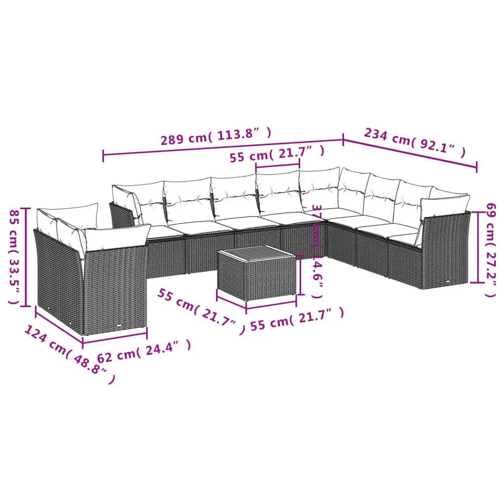11 Piece Outdoor Garden Sofa Set Grey Poly Rattan Patio Furniture with Cushions
