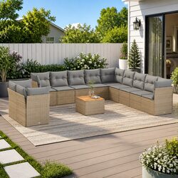 Garden Sofa Set 12 Piece Outdoor Furniture Beige Poly Rattan Patio Lounge