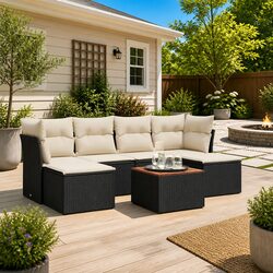 7 Piece Garden Sofa Set Outdoor Patio Furniture Black Poly Rattan with Cushions