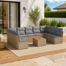 Garden Sofa Set 10 Piece Outdoor Furniture Beige Poly Rattan Patio Lounge with