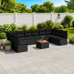 11 Piece Garden Sofa Set Outdoor Patio Furniture Black Poly Rattan with Storage