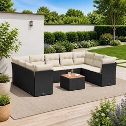 Outdoor Garden Sofa Set 10 Piece Black Poly Rattan Patio Furniture with Cushions