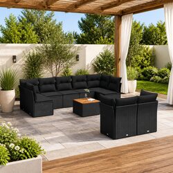 10 Piece Outdoor Garden Sofa Set Black Poly Rattan Patio Furniture with Cushions