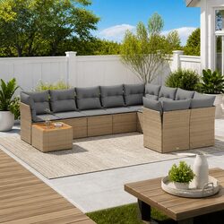 Garden Sofa Set 10 Piece Outdoor Furniture Beige Poly Rattan Patio Lounge with