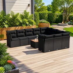 11 Piece Garden Sofa Set Outdoor Furniture Black Poly Rattan with Cushions