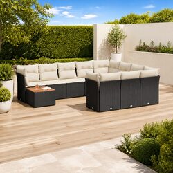 11 Piece Outdoor Garden Sofa Set Black Poly Rattan Patio Furniture with Cushions