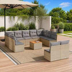 Garden Sofa Set 12 Piece Outdoor Furniture Patio Beige Poly Rattan Modular