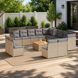 Garden Sofa Set 14 Piece Outdoor Furniture Poly Rattan Beige Patio Lounge with