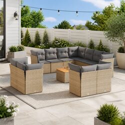 Garden Sofa Set 12 Piece Outdoor Furniture Beige Poly Rattan Patio Seating with