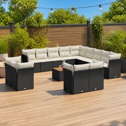 Garden Sofa Set 14 Piece Outdoor Furniture Black Poly Rattan Modular Patio
