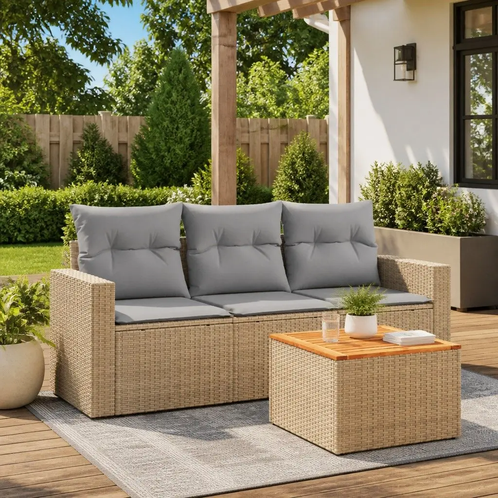 4 Piece Outdoor Garden Sofa Set with Storage Cushions Beige Poly Rattan
