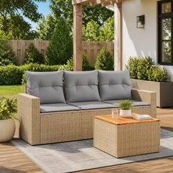 4 Piece Outdoor Garden Sofa Set with Storage Cushions Beige Poly Rattan