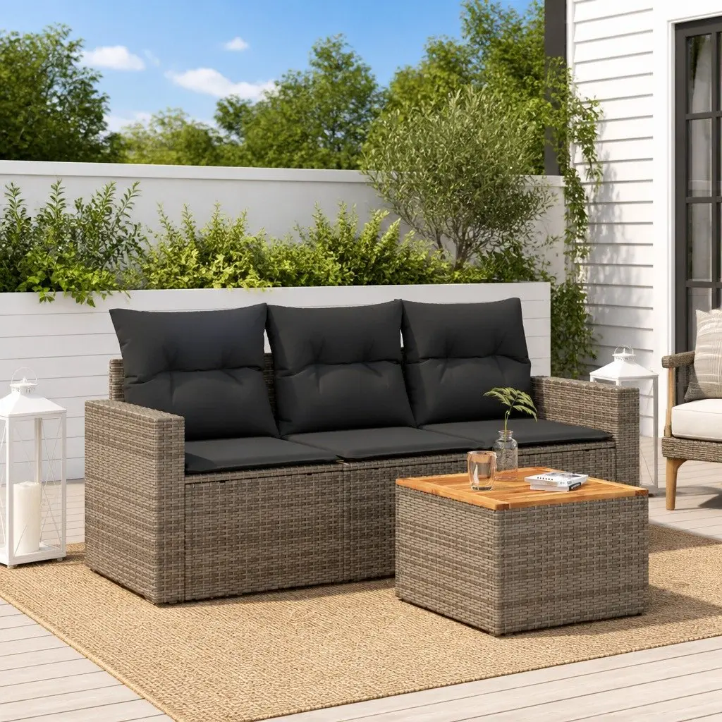 4 Piece Outdoor Garden Sofa Set with Storage Cushions Grey Poly Rattan Furniture