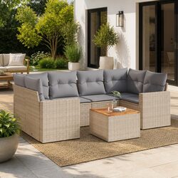 Garden Sofa Set 7 Piece Outdoor Furniture Patio Beige Poly Rattan with Cushions