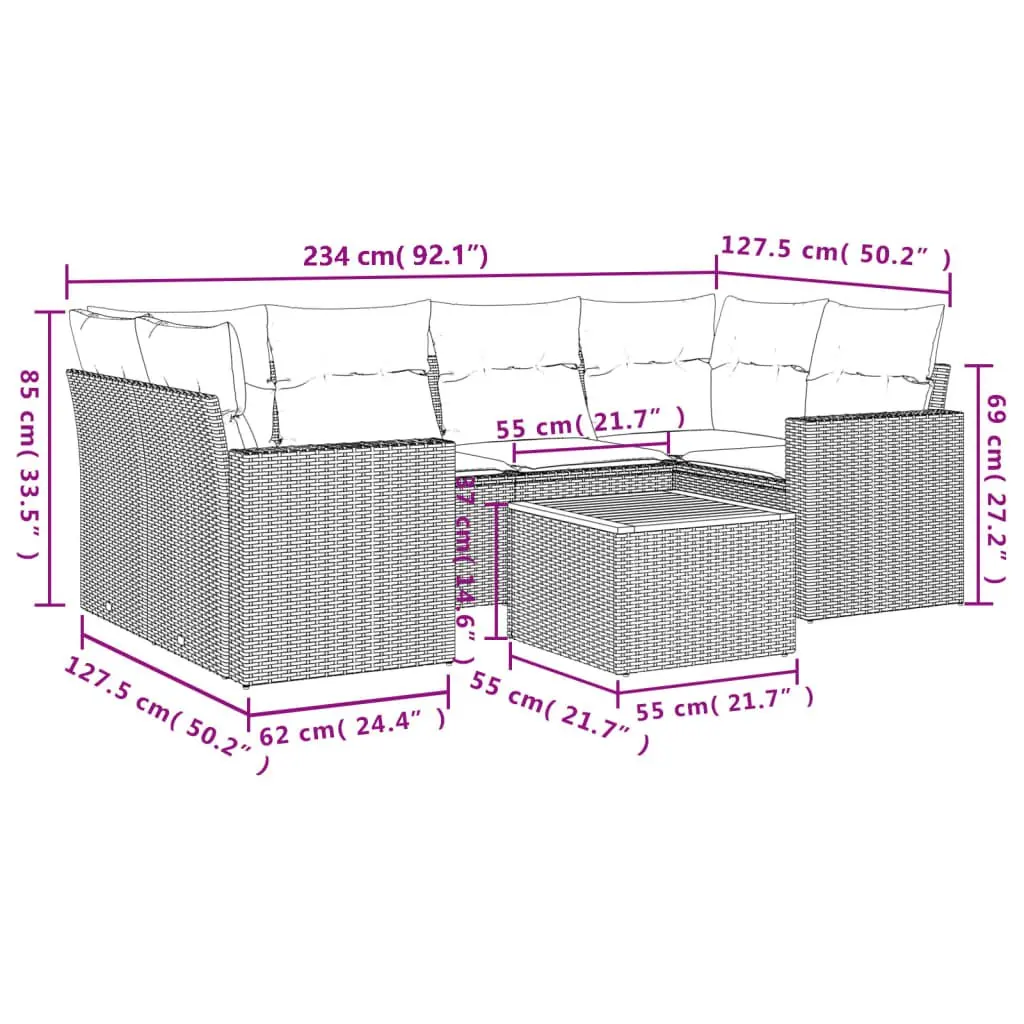 7 Piece Outdoor Garden Sofa Set Grey Poly Rattan Patio Furniture with Cushions