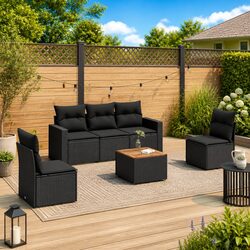 6 Piece Garden Sofa Set Outdoor Furniture Black Poly Rattan Patio Lounge with