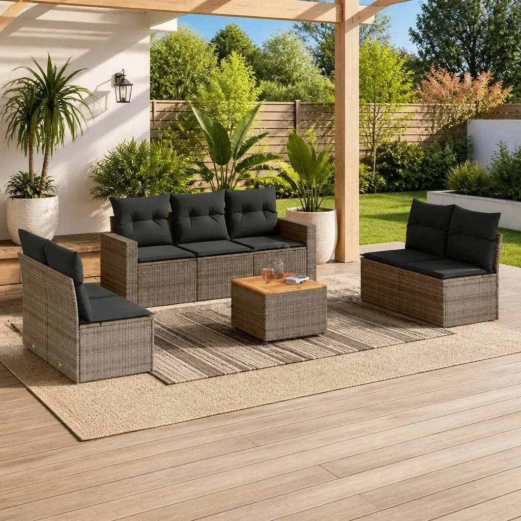 Garden Sofa Set 8 Piece Outdoor Furniture Grey PE Rattan Patio Seating with Acacia Wood Table
