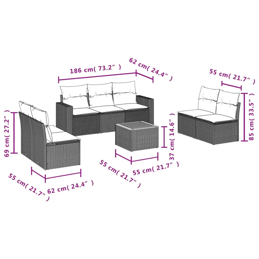 Garden Sofa Set 8 Piece Outdoor Furniture Grey PE Rattan Patio Seating with Acacia Wood Table
