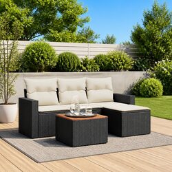 5 Piece Garden Sofa Set with Cushions Black Poly Rattan Outdoor Furniture